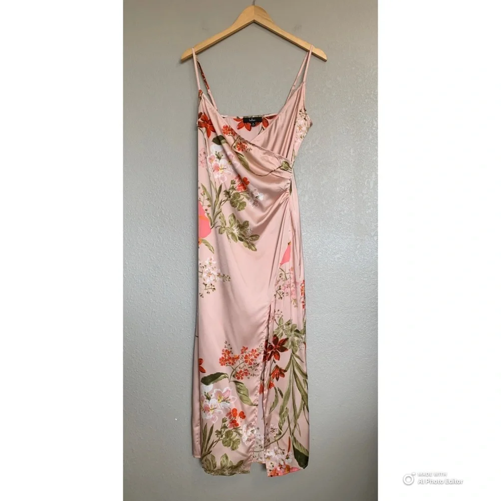 Lulu's Pink Floral Midi Slip Dress with Orange Floral Accents NWOT - Picture 2 of 16